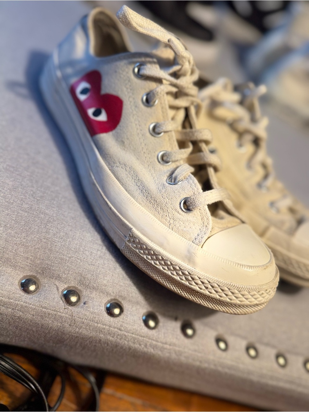 Comme des Garcons PLAY Off-White Canvas Sneakers with Red Heart